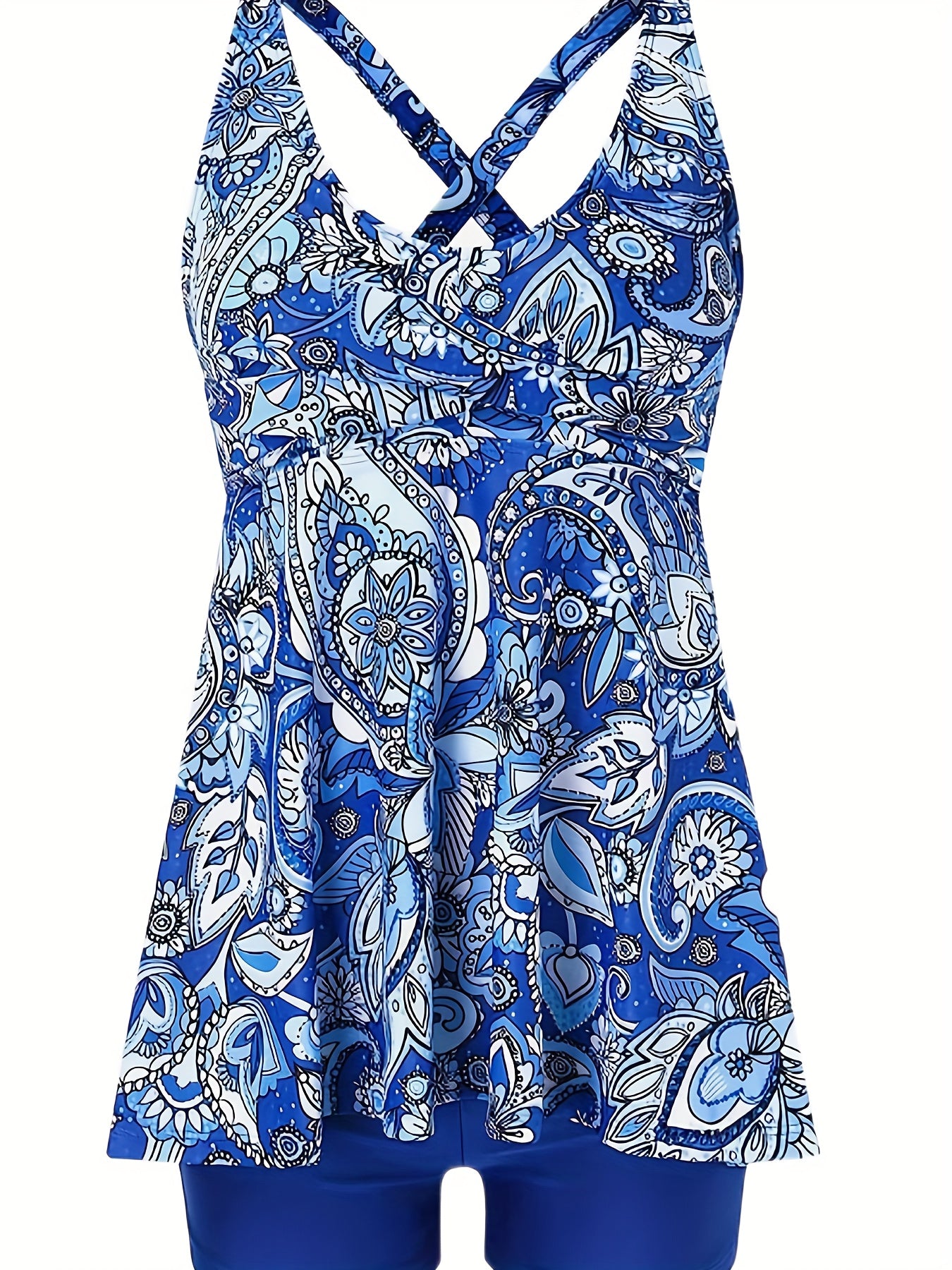 Boho Swimsuit Set V Neck Criss Cross Back Tank Top & Shorts