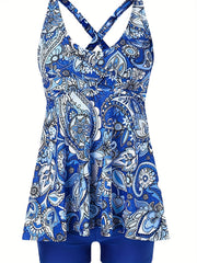 Boho Swimsuit Set V Neck Criss Cross Back Tank Top & Shorts