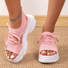 Women's Knitted Platform Sandals Peep Toe Lace Up Solid Slingback Shoes