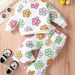 Baby Girls 2pcs Flower Graphic Ribbed Top Flared Pants Set