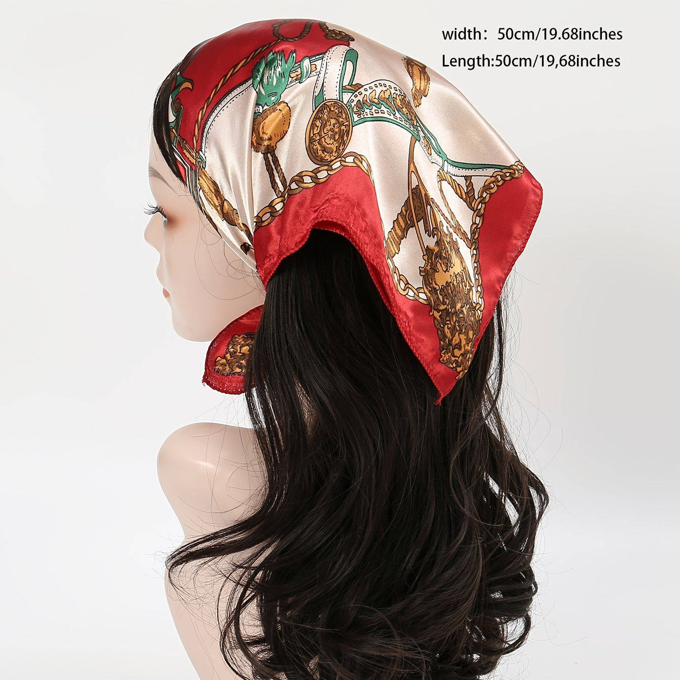Vintage Chain Print Red Satin Scarf Neckerchief Hair Wrap