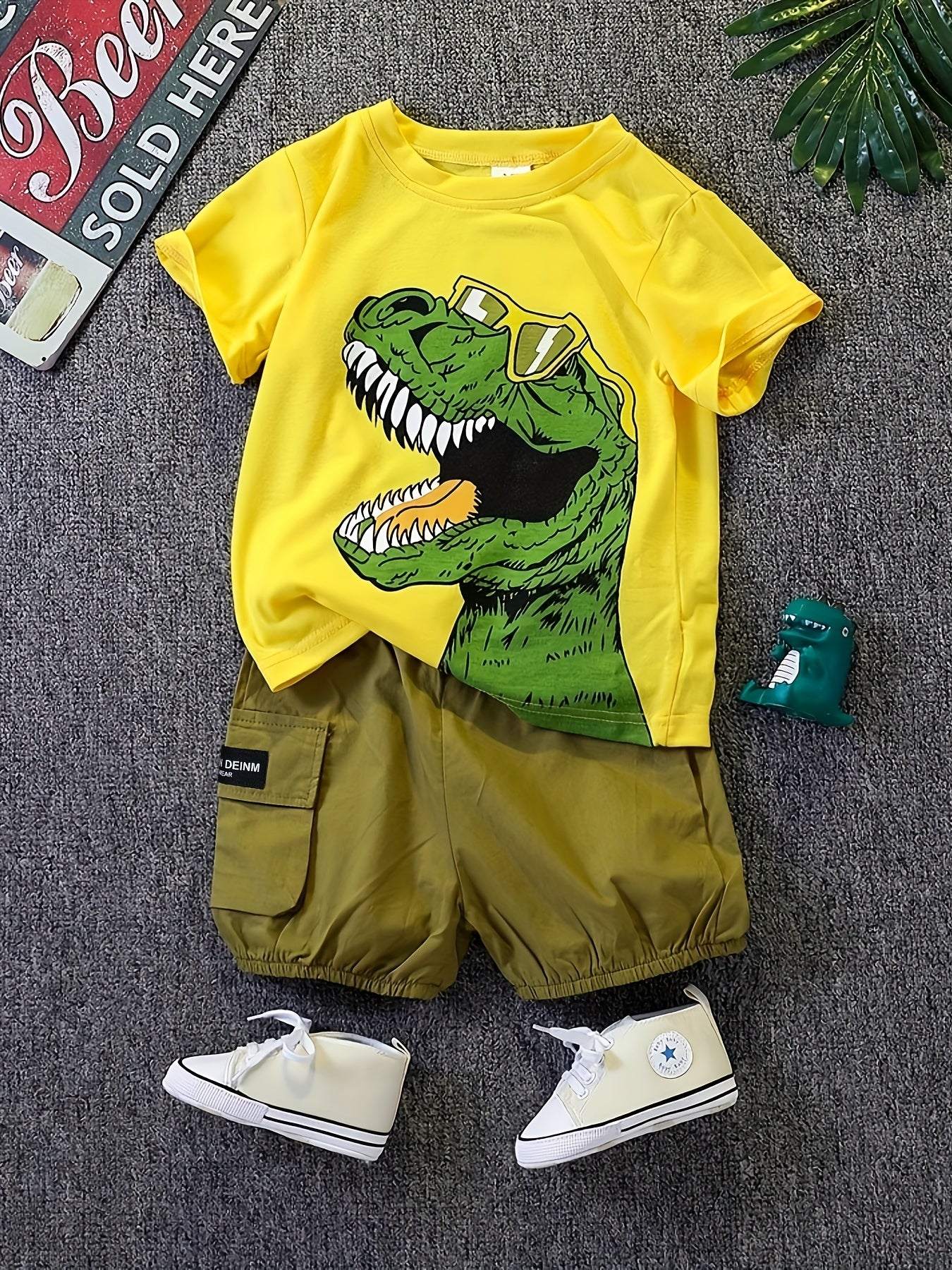 Boys Dino Outfit Cargo Shorts & T shirt Casual Summer Kids Clothes