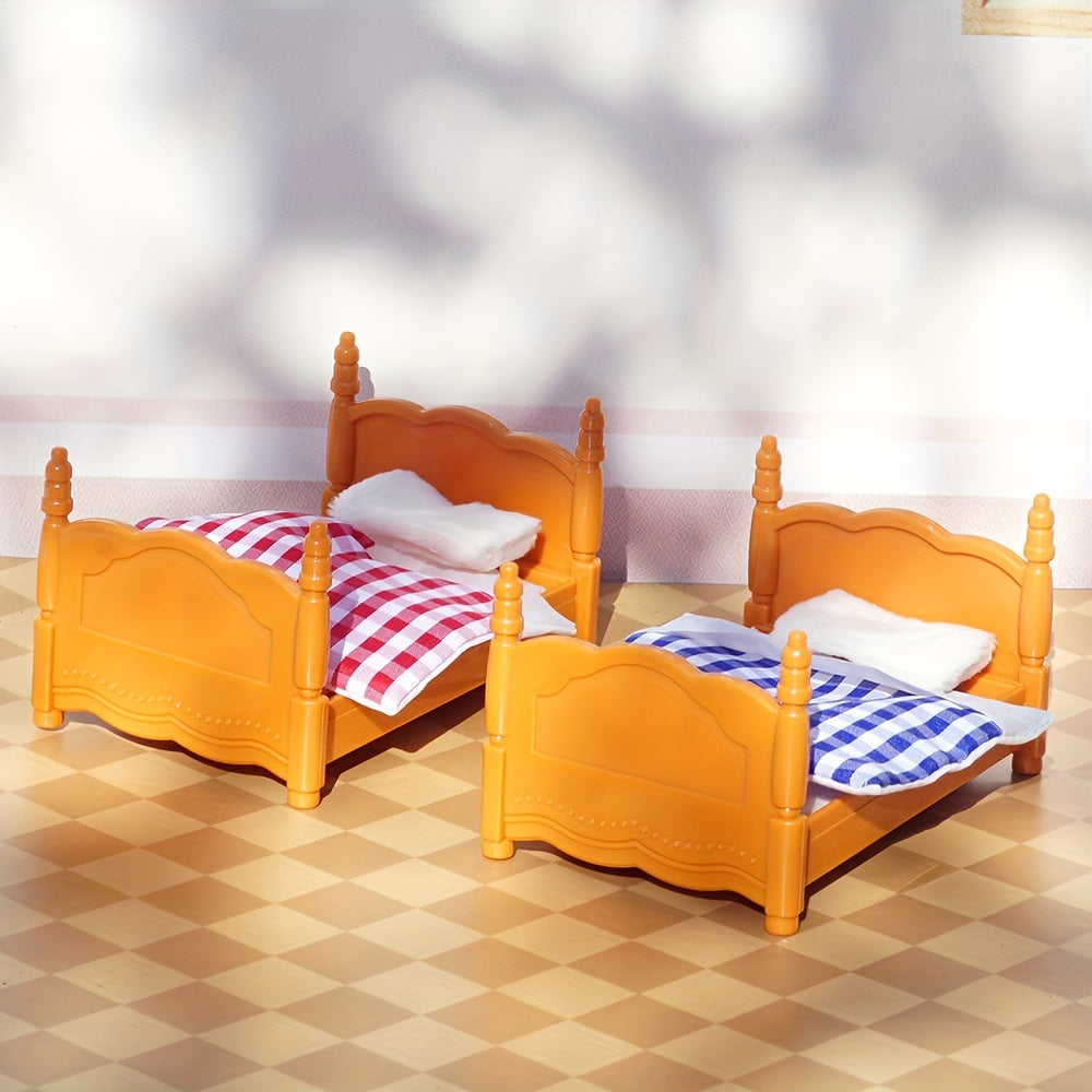 Stomle Family Dollhouse Bunk Bed Set - Cozy Orange Wooden Frame with Red Canopy