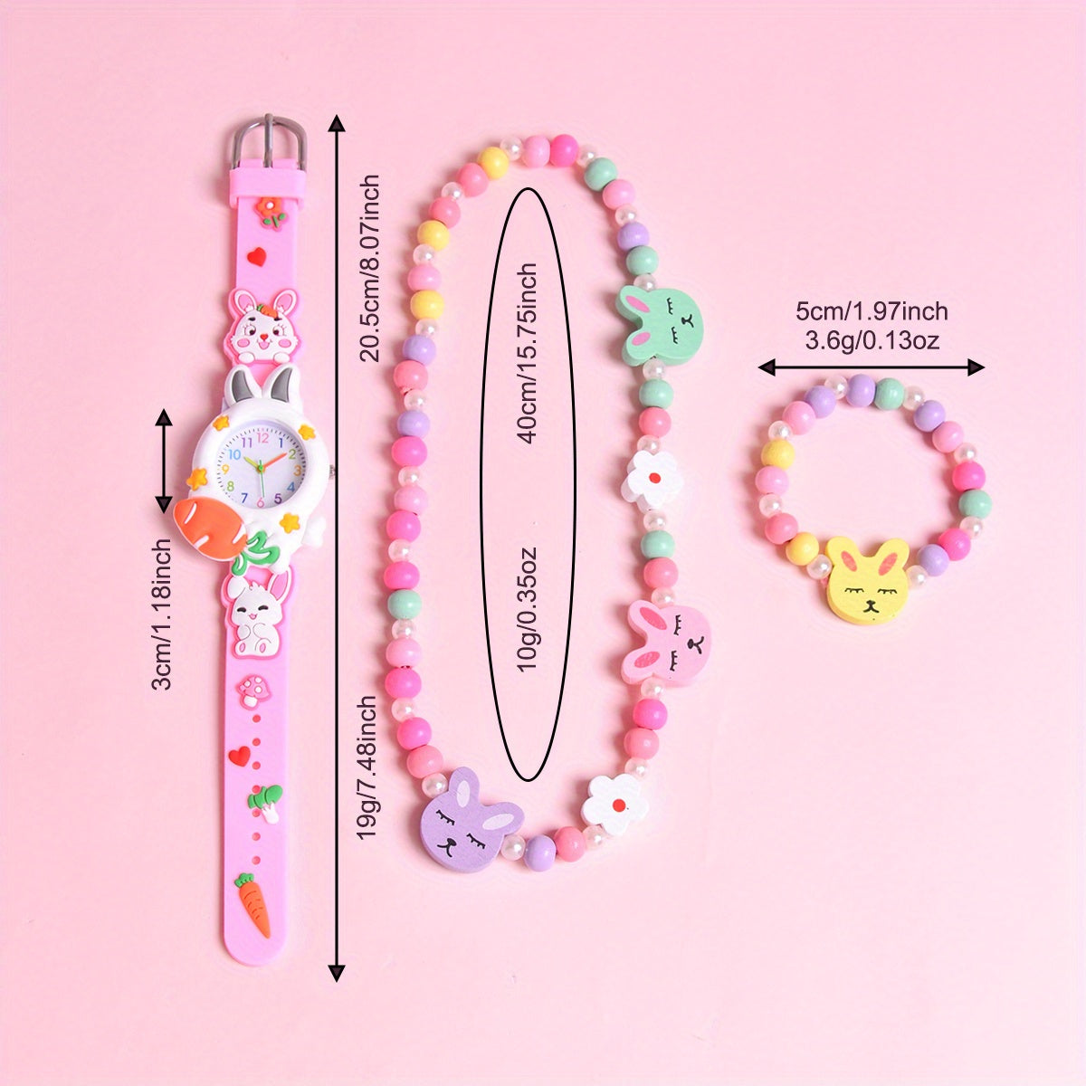 3D Rabbit Silicone Strap Girls' Cartoon Watch Set