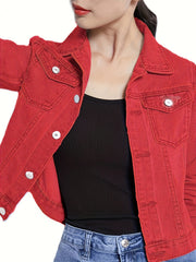 Long Sleeves Lapel Denim Jackets Flap Pockets Single Breasted Button