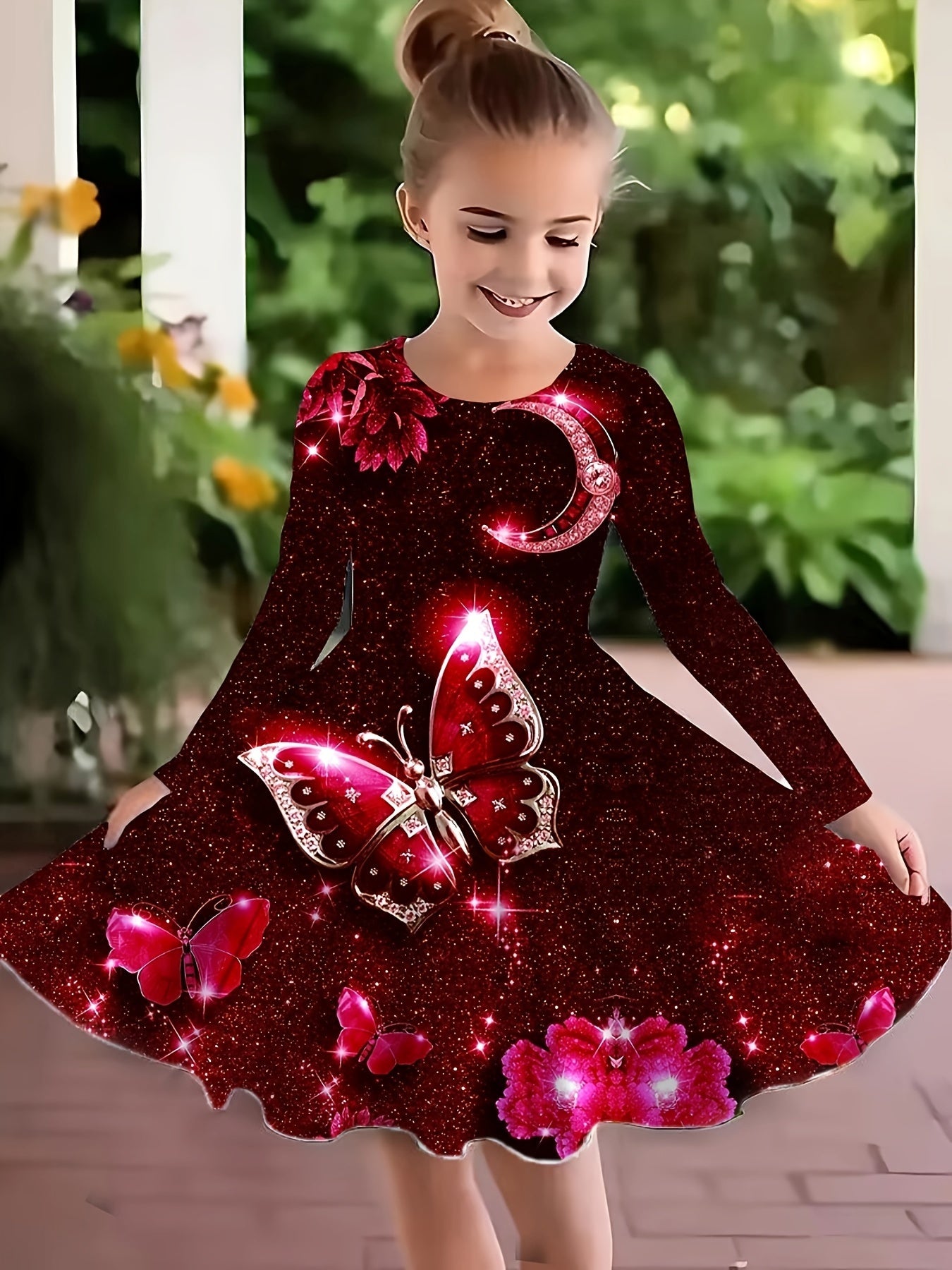Girls Butterfly Graphic Long Sleeve Dress Spring Fall Party Gift