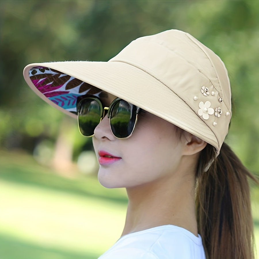 Faux Pearl Flower Decor Visor Hat Solid Ponytail Sun Hat UV Protection