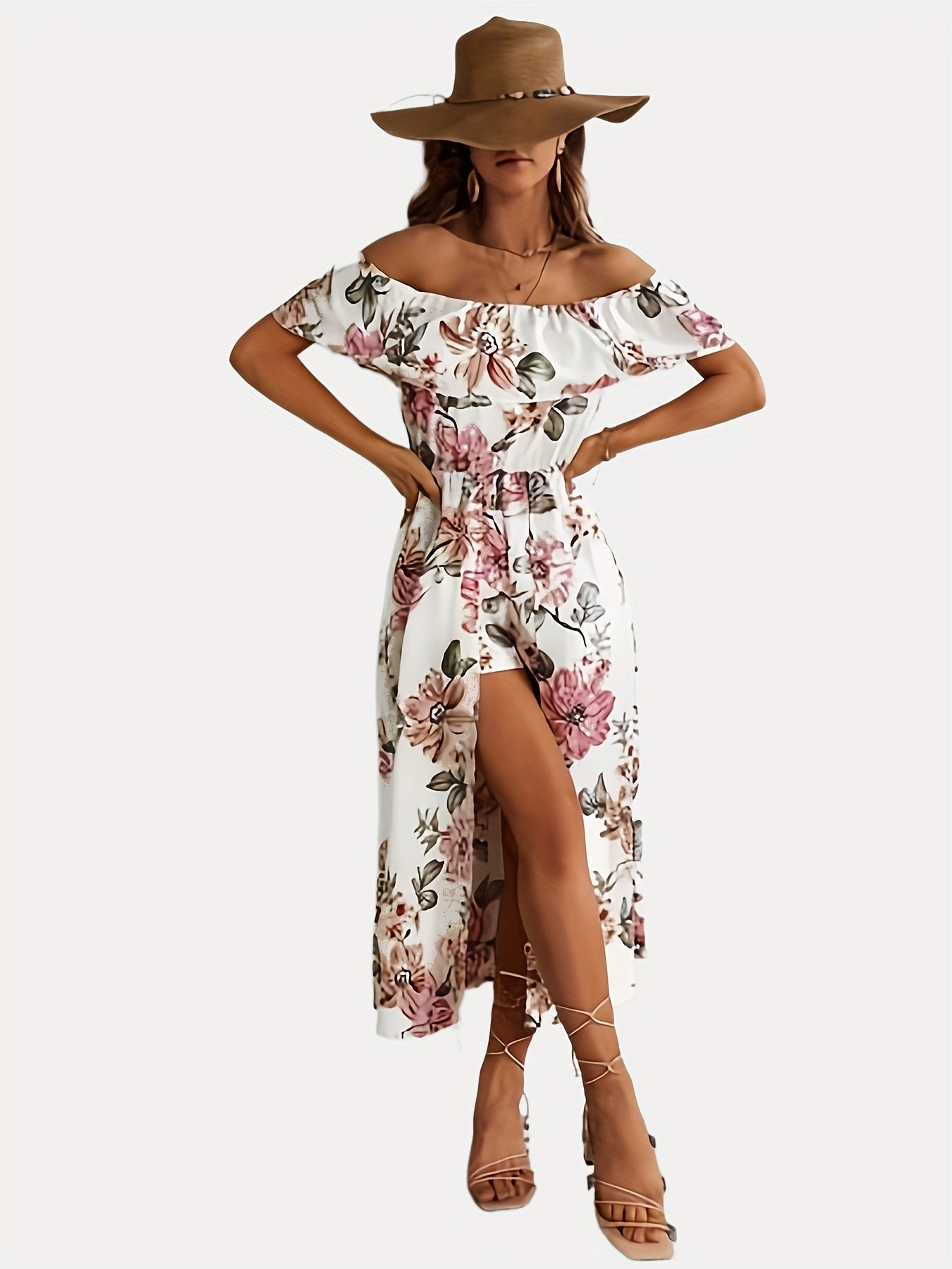 Floral Print Off Shoulder Romper Boho Short Sleeve Romper