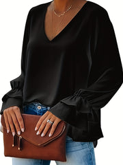 Plus Solid Lantern Sleeve Ruffle Trim V Neck Top