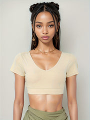 V Neck Crop Yoga Top Short Sleeves Breathable Sports Tee Women's Activewear