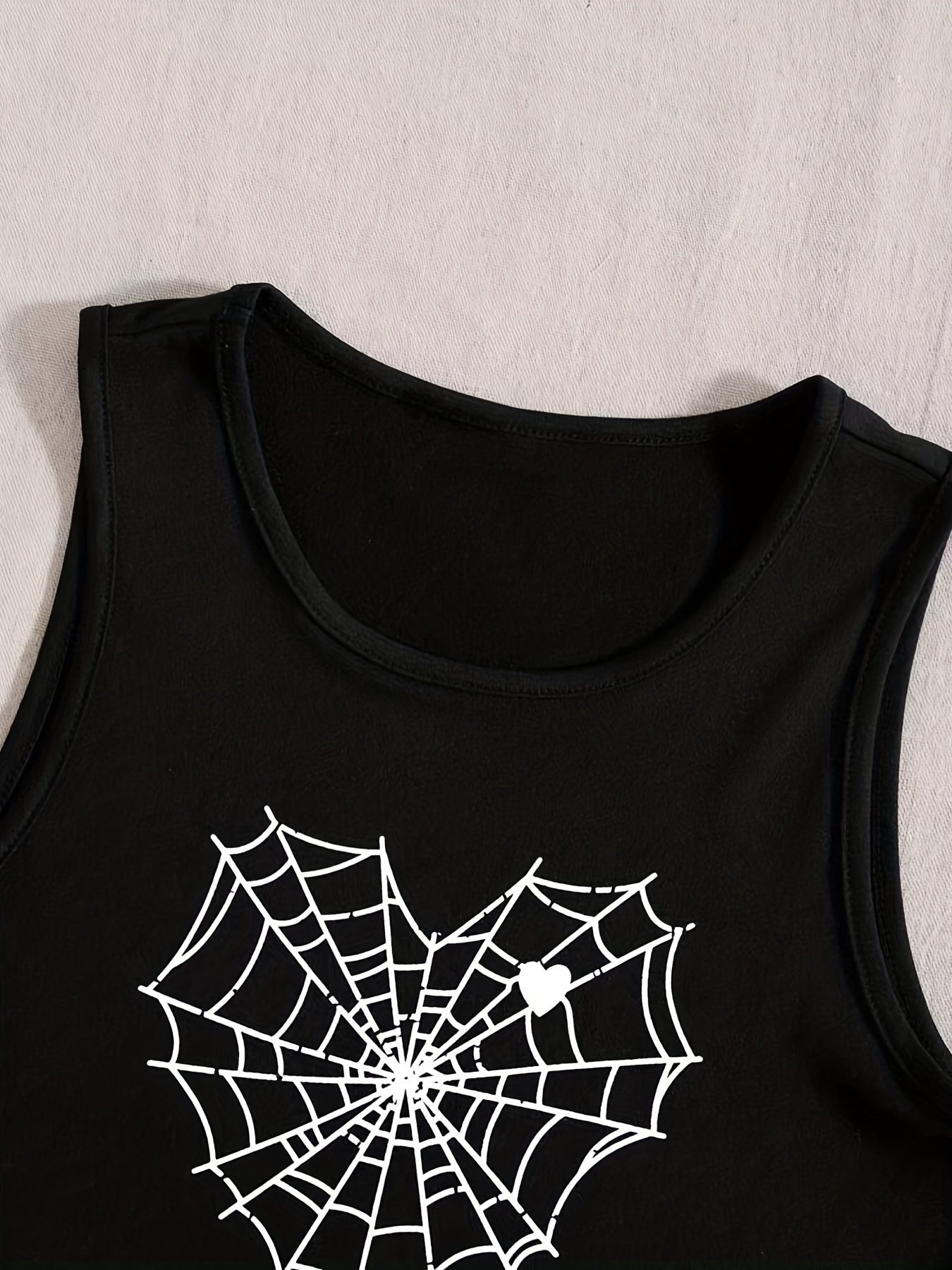 Spider Web & Heart Print Tank Top Sexy Crew Neck Sleeveless Top