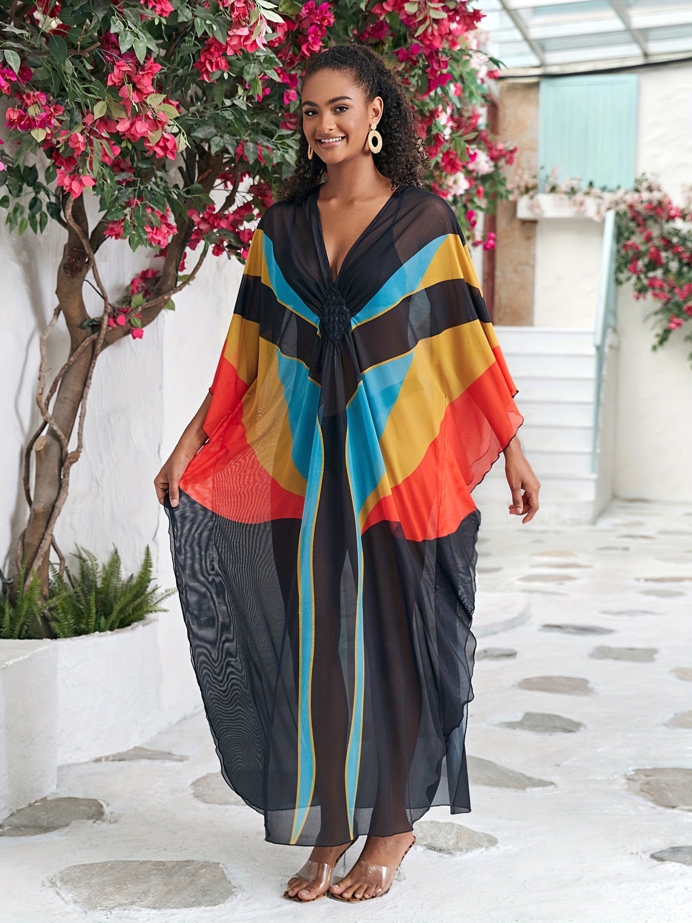 Boho Abaya Dress Women's Plus Colorblock Bat Sleeve V Neck
