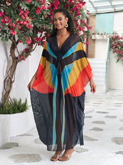 Boho Abaya Dress Women's Plus Colorblock Bat Sleeve V Neck