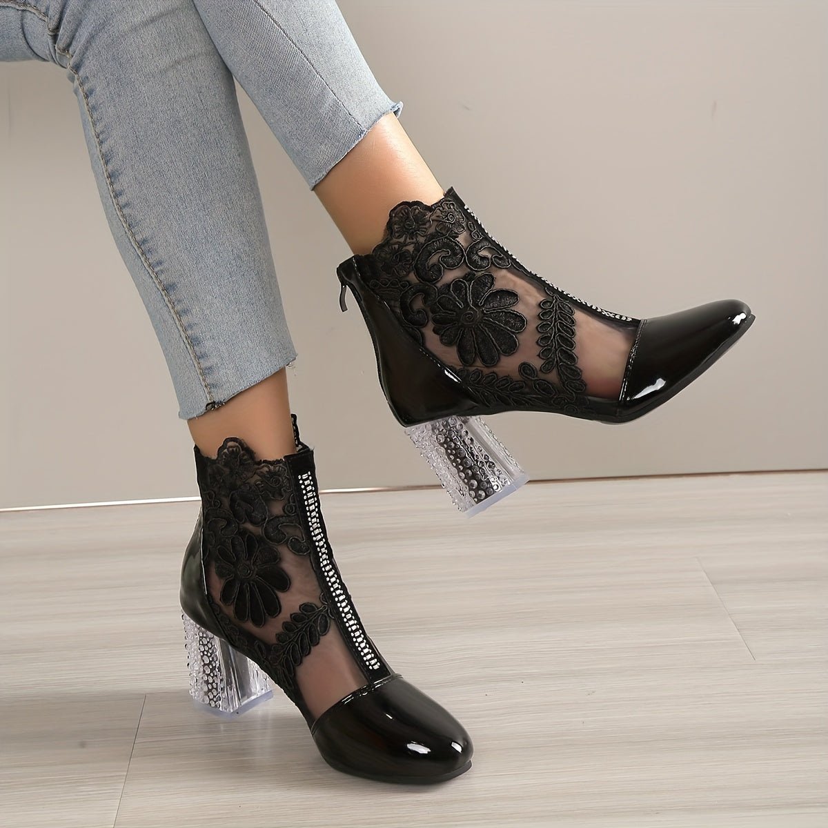 Floral Mesh High Heels Round Toe Chunky Heels Patent Leather Pumps