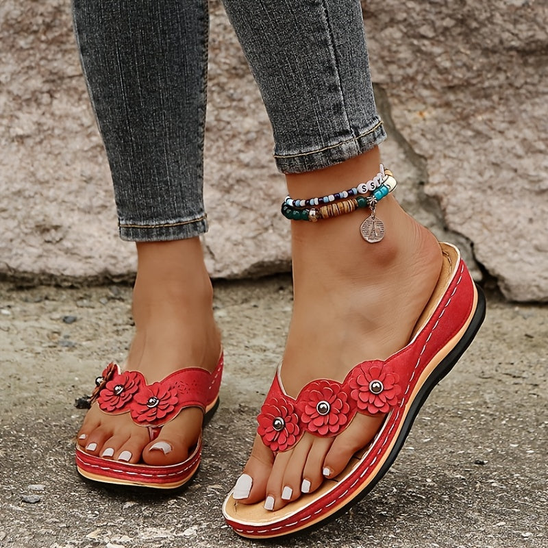 Women's Flower Wedge Flip Flops Arch Support Slides