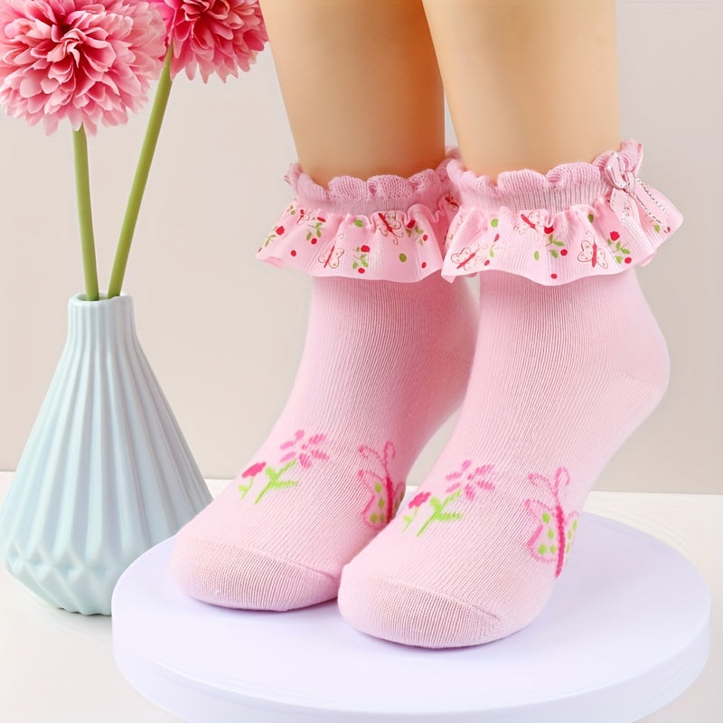 Girls Floral Ruffle Trim Short Crew Socks - Comfortable Princess Socks