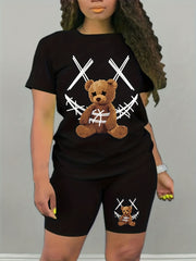 2pcs Bear Graphic Summer Sports Suit Loose Top & Shorts