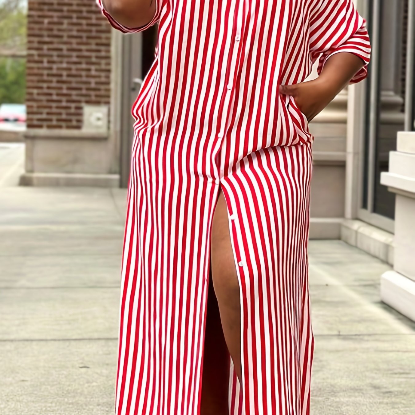 Women's Plus Stripe Print Button Up Maxi Shirt Dress