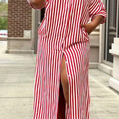 Women's Plus Stripe Print Button Up Maxi Shirt Dress