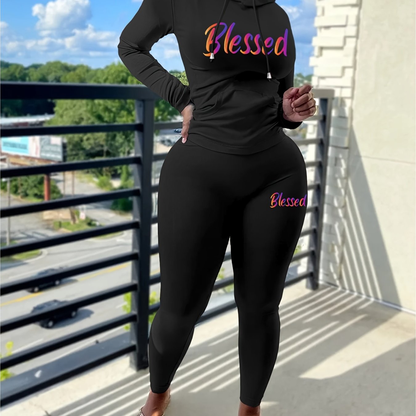 Blessed Print Two piece Set Long Sleeve Drawstring Hoodies & Skinny Pants