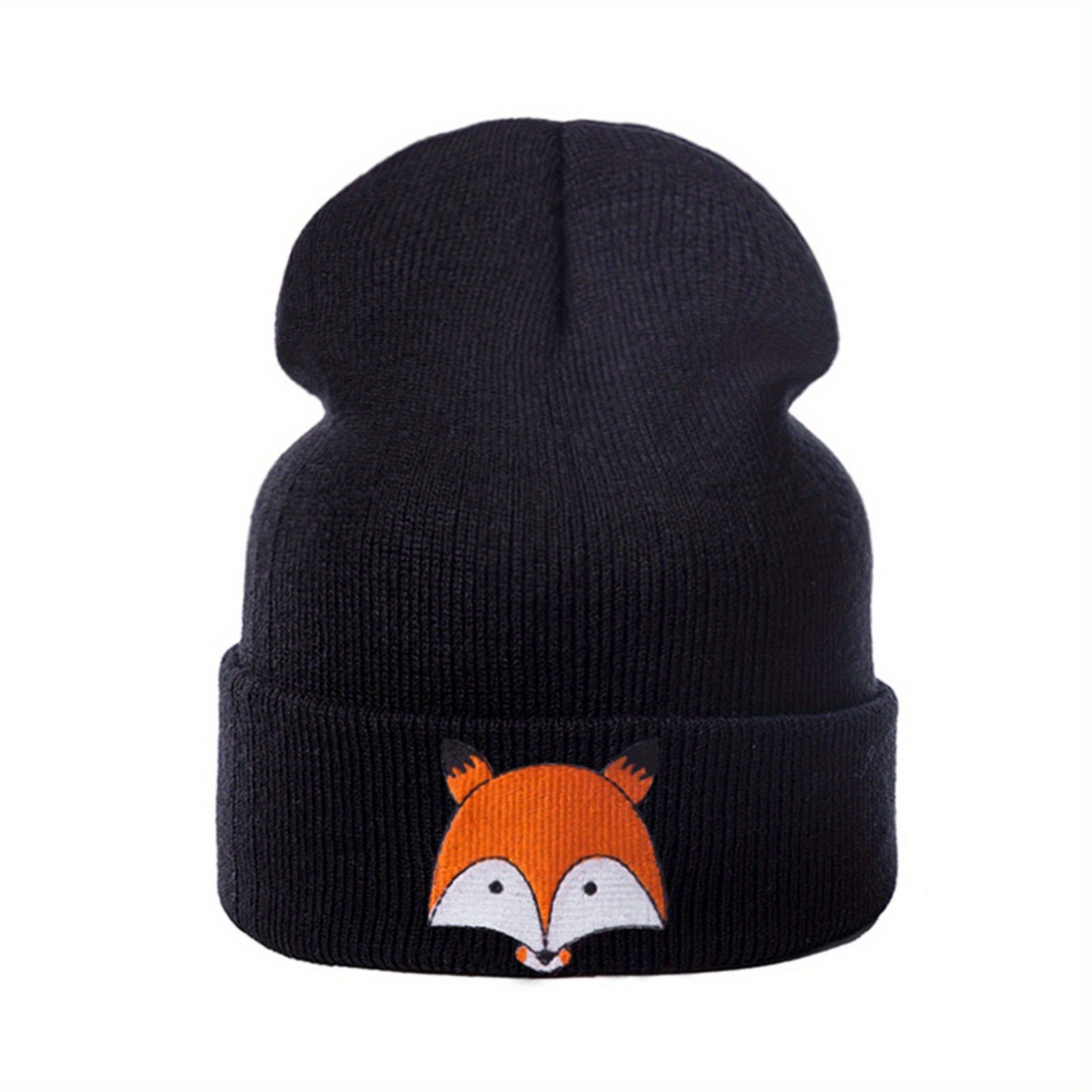 Cartoon Fox Embroidery Beanie Soft Elastic Knit Hat