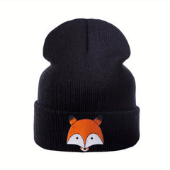 Cartoon Fox Embroidery Beanie Soft Elastic Knit Hat