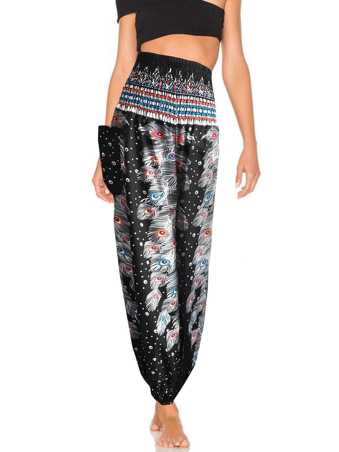 Feather Print High Rise Carrot Pants With Pockets