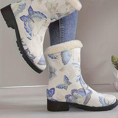 Women's Butterfly Pattern Fleece Lining Winter Mid Calf Boots
