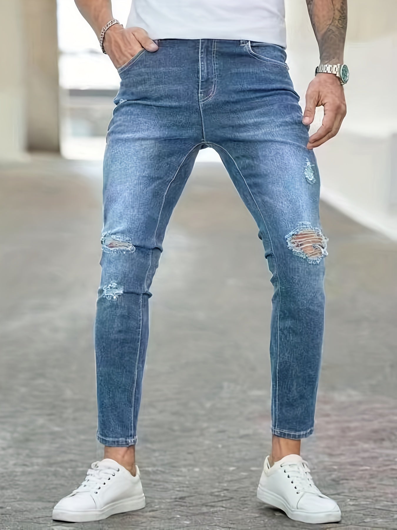 Slim Fit Ripped Jeans Mens Distressed Stretch Denim Pants