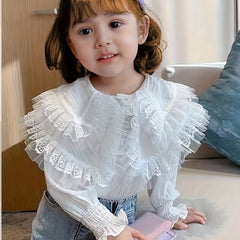 Girls Collared Long Sleeve Shirt with Flutter Trims for Spring and Autumn