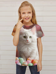 Breathable Kitty Graphic Short Sleeve T-shirt for Girls