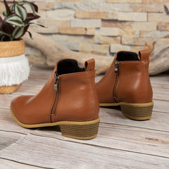 Chunky Heel Ankle Boots Double Zipper Pointed Toe Shoes