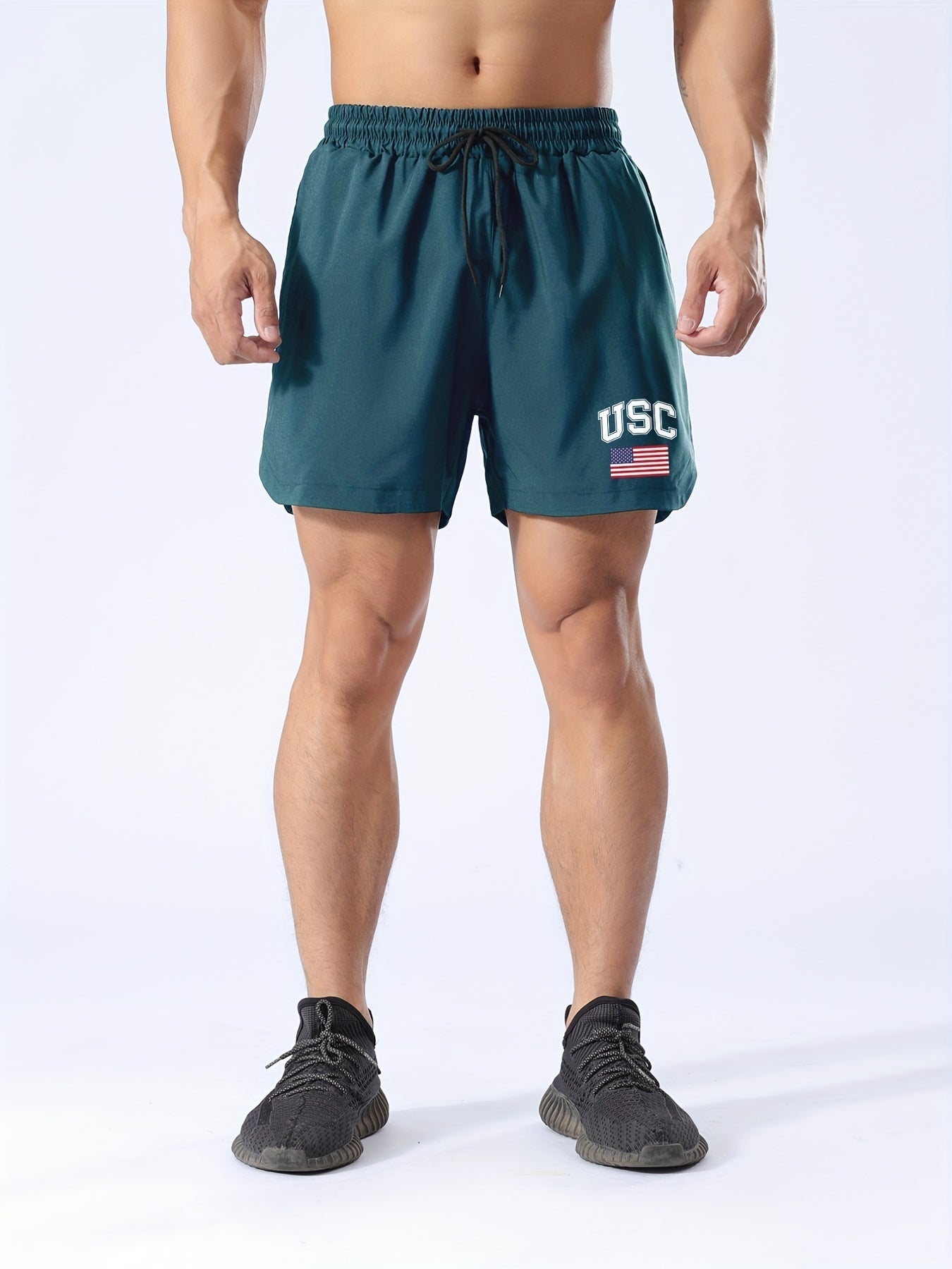 Quick Dry Drawstring Men's Swim Trunks Star And Stripes Print Board Shorts
