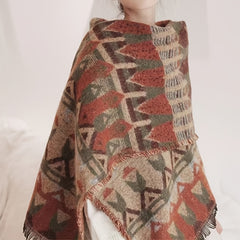 Vintage Geometric Print Thickened Scarf Bohemian Shawl Frayed Edge Cape