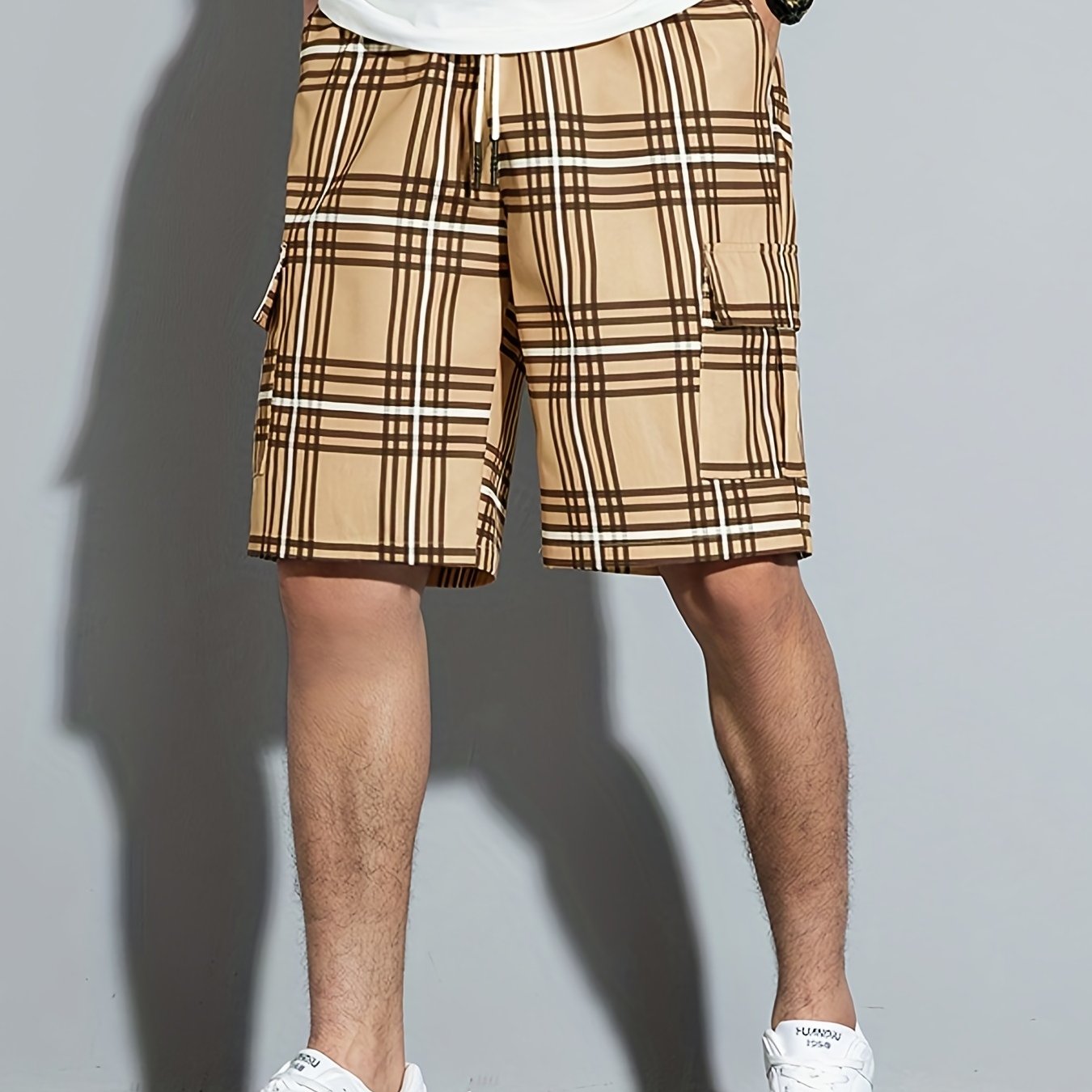 Plaid Drawstring Cargo Shorts with Pockets for Men