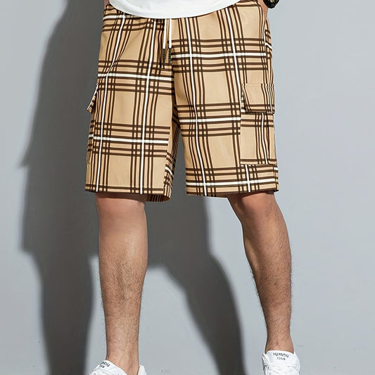 Plaid Drawstring Cargo Shorts with Pockets for Men
