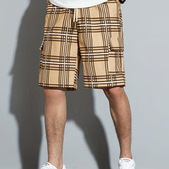 Plaid Drawstring Cargo Shorts with Pockets for Men