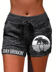 Coconut Tree & Letter Print Drawstring Shorts Casual Shorts