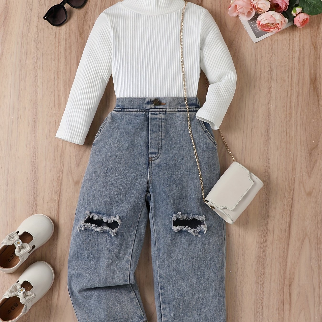 Ribbed Turtleneck Top & Ripped Denim Pants Set for Girls