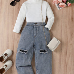 Ribbed Turtleneck Top & Ripped Denim Pants Set for Girls