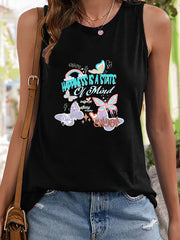 Butterfly & Letter Print Sleeveless Sports Vest Round Neck Stretchy Casual Tops