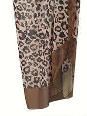 Leopard Print V Neck One Piece Swimsuit Set with Coverup Skirt