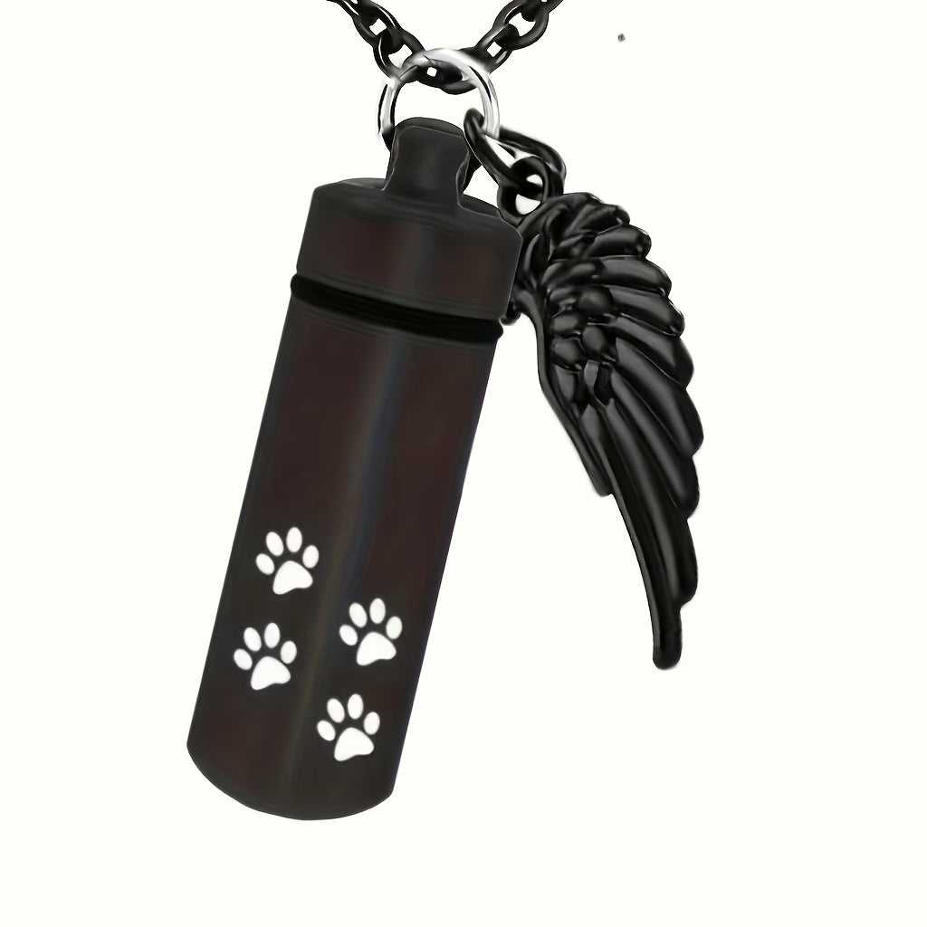 Cylinder Cremation Urn Necklace For Ashes With Angel Wing