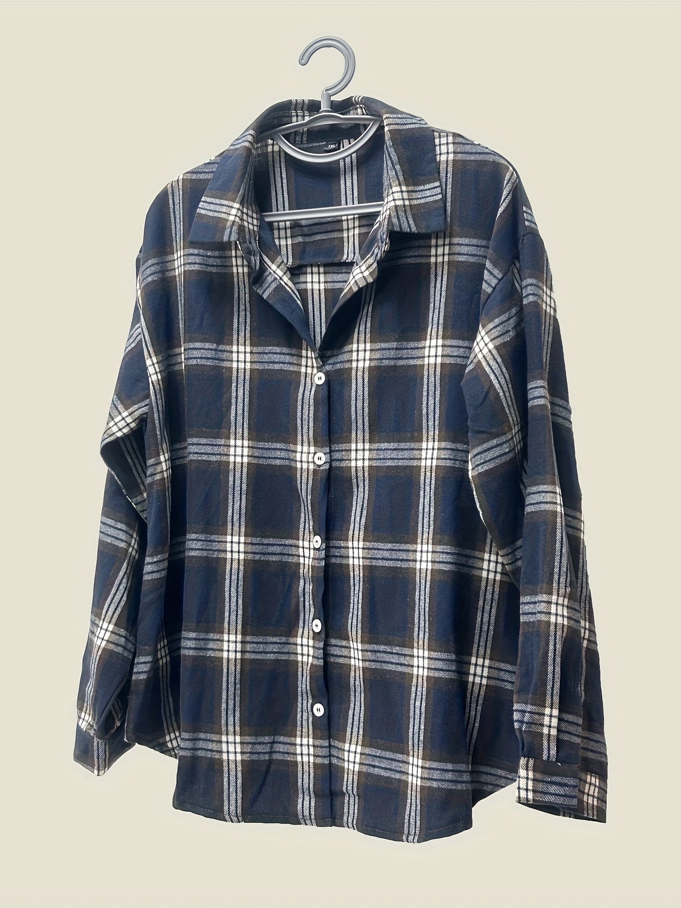 Preppy Blouse Women's Plus Plaid Print Long Sleeve Button Up Top