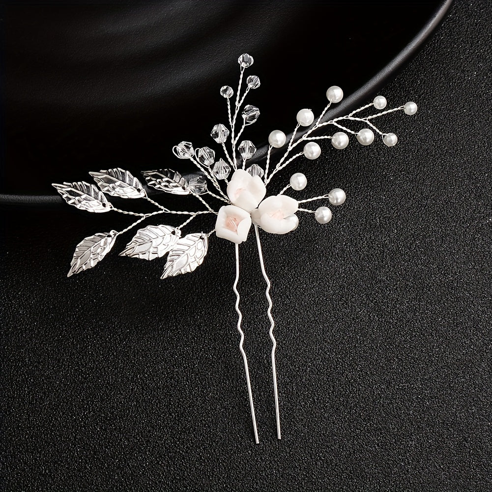 Faux Pearl Crystal Beads Bridal Hairpin Floral U Shaped Hair Sticks
