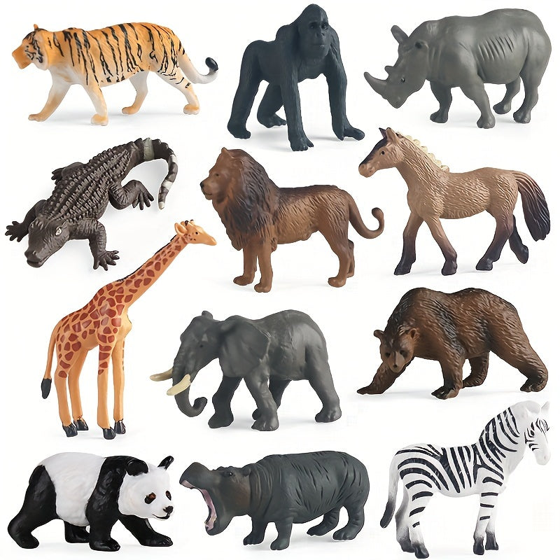 12 Animal Figurines: Lion, Tiger, Giraffe, Zebra, Bear, Elephant, Rhino