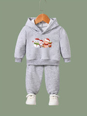 Girls Christmas Cartoon Print Hooded Top Sweatpants Set
