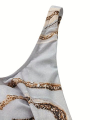 Women's Plus Marble Print Tankini Set with Wrap Cross Front Tank Top & Shorts