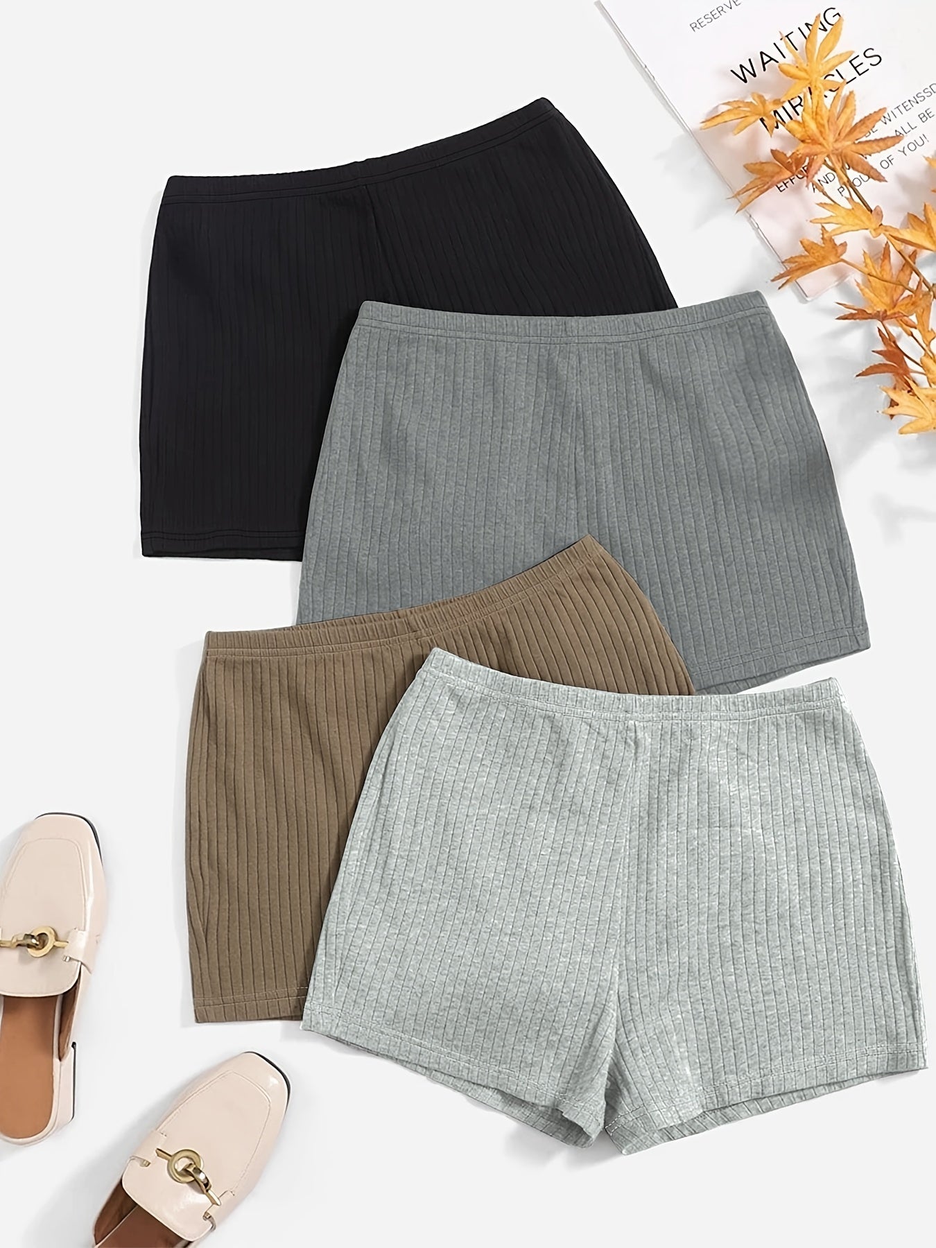 4 Pack Plus Size Casual Shorts Set Women's Plus Ribbed High Rise Shorts
