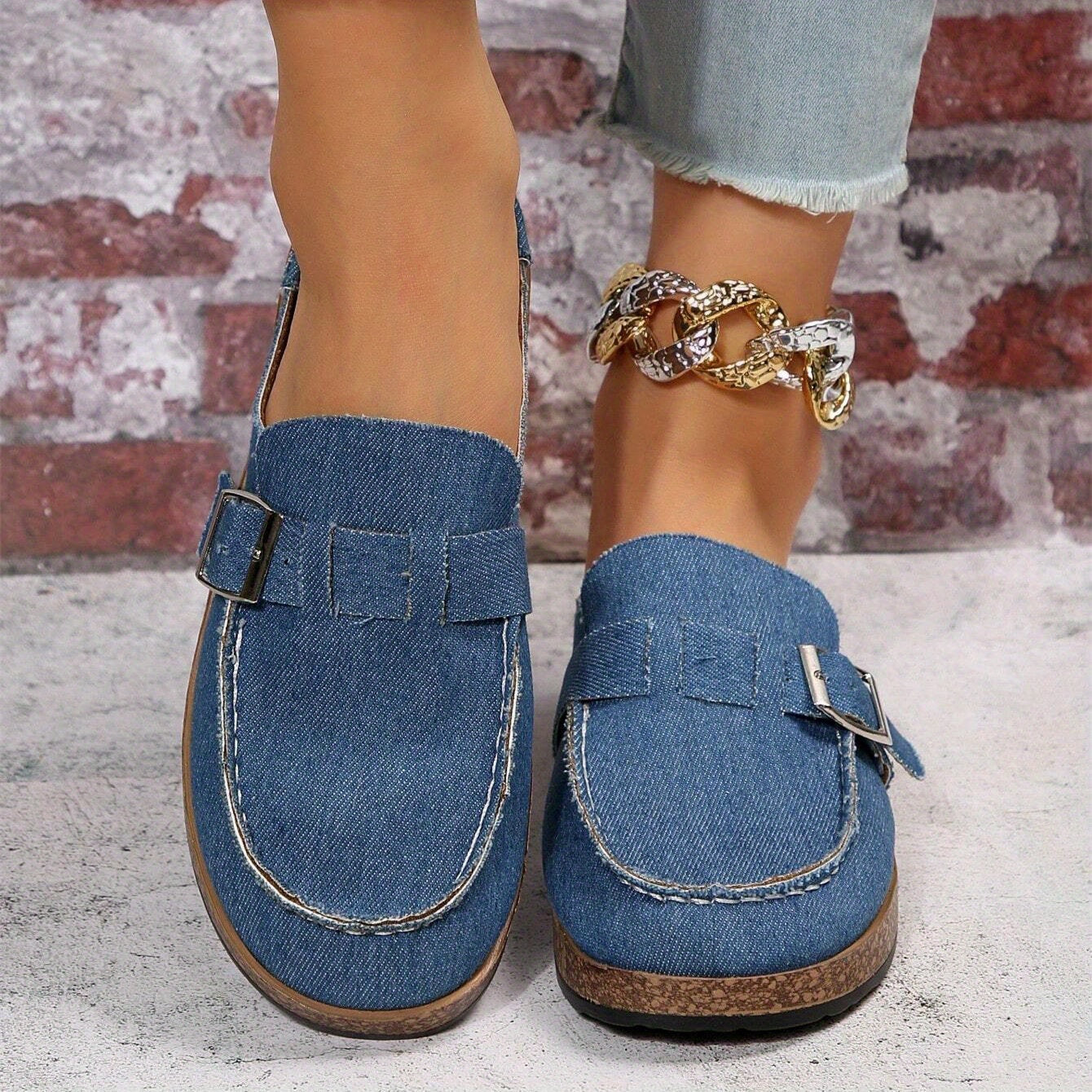 Women's Denim Cork Mules Closed Toe Canvas Flat Shoes